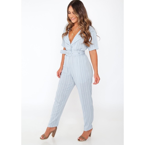 Skylar + Madison Pants - Skylar + Madison Striped Linen V Neck Jumpsuit